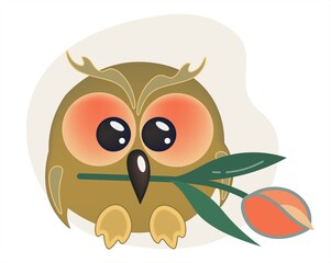 Cute cartoon owl with big kind eyes. A wise character is holding a tulip flower in his beak. Gift for the holiday.Vector illustration on a white background.