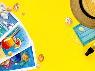 Watercolor sketches on yellow: hat, face mask, sanitizer, sea shells