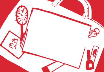 Bag, women`s bag with women`s accessories. Red women`s accessories on a white background. Silhouettes of women`s items in the bag. T-shirt print.