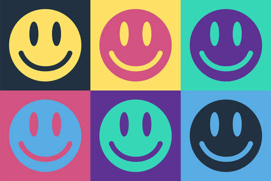 Pop art Smile face icon isolated on color background. Smiling emoticon. Happy smiley chat symbol. Vector.