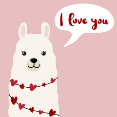 Cute llama illustration on pink background with hearts in cartoon flat style. Alpaca in love vector illustration for prints, textile, greeting cards, posters etc. Vector illustration