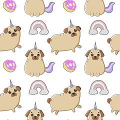 Seamless pattern with  pugs, donuts and rainbows. Background for wrapping paper,  greeting cards, design.