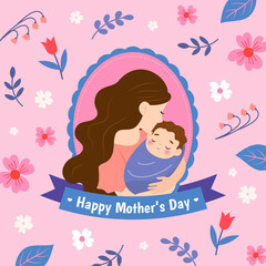 Happy Mother's day Greeting card vector illustration. Mother holding her baby in picture frame on floral pattern background