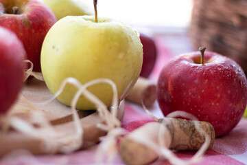 Ripe red apples in wooden box top view on rustic table. Wide apple banner with space for your text