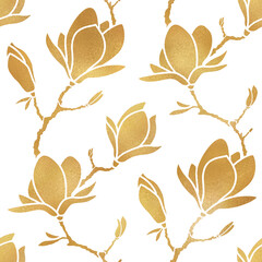 Elegant floral seamless pattern of golden blooming magnolia branches. Design for wrapping paper, wallpaper or fabric