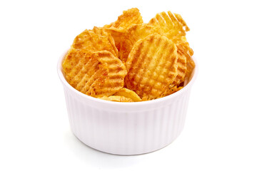 Ridged potato chips or crisps, isolated on white background. High resolution image