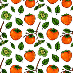 Colorful seamless pattern with hand drawn persimmon. Vector illustration in colored sketch style.