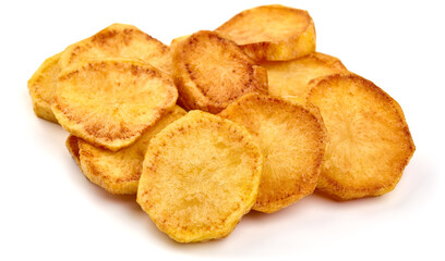 Fried Potato slices, isolated on white background. High resolution image