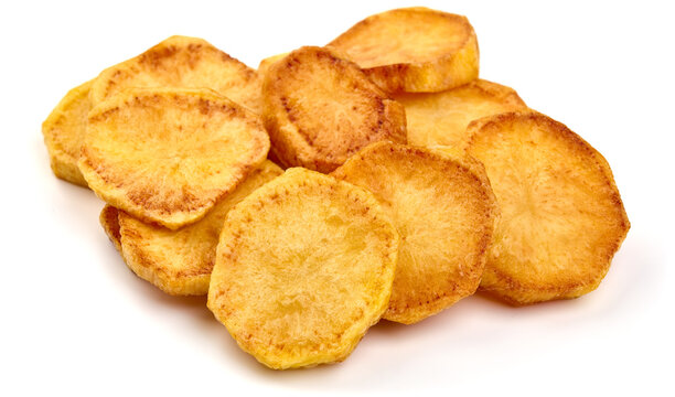 Fried Potato slices, isolated on white background. High resolution image