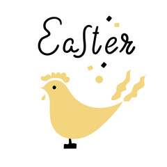 Easter yellow chicken figurine, lettering Easter on white background. Greeting card, gift card.