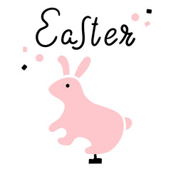 Easter pink rabbit figurine, lettering Easter on white background. Greeting card, gift card.
