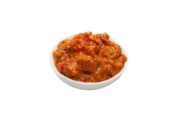 Vegetable stew in a bowl isolated on white background.