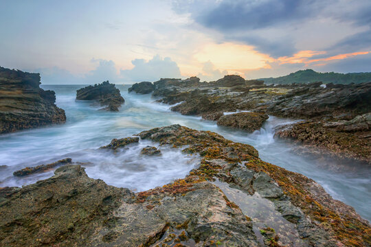Sawarna beach at dawn, West Java, Indonesia