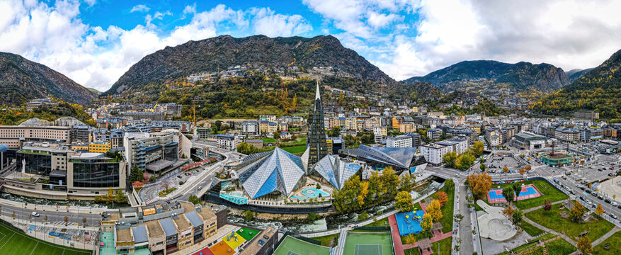 Fototapeta Aerial view of Andorra la Vella, the capital of Andorra, in the Pyrenees mountains between France and Spain