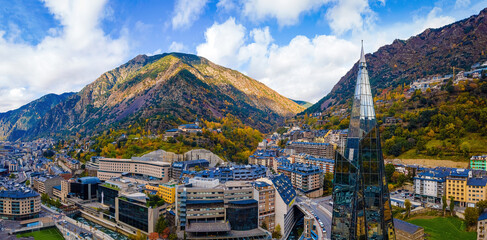 Aerial view of Andorra la Vella, the capital of Andorra, in the Pyrenees mountains between France and Spain - obrazy, fototapety, plakaty