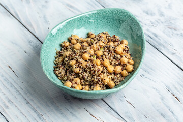 Vegetable lunch from the Buddha bowl with quinoa salad with chickpeas and thyme. Super food, healthy food dish for vegetarians
