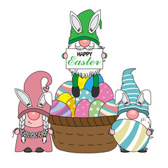 Happy easter card. Gnomes with a large basket of easter eggs
