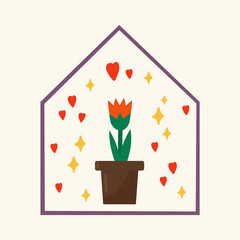 Greenhouse and gardening. Vector picture of a pot with plants. A warm Flower house in a circle of hearts and twinkles. Vector illustration