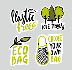 Eco emblem with bag and lettering. Trees Protect Sticker