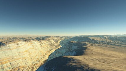 Exoplanet fantastic landscape. Beautiful views of the mountains and sky with unexplored planets. 3D illustration.