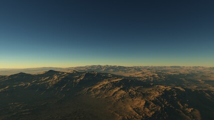 Exoplanet fantastic landscape. Beautiful views of the mountains and sky with unexplored planets. 3D illustration.