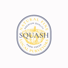 Fototapeta premium Squash Frame Badge or Logo Template. Hand Drawn Vegetable Sketch with Retro Typography and Borders. Vintage Premium Emblem. Isolated