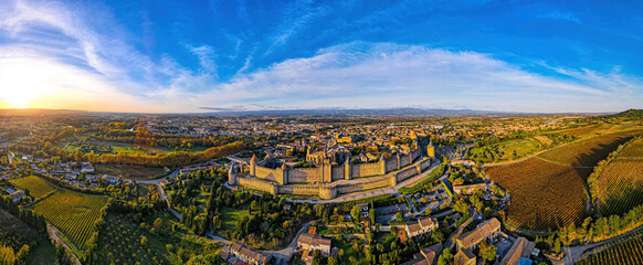 Aerial view of Carcassonne, a French fortified city in France