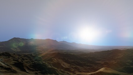 Obraz premium Exoplanet fantastic landscape. Beautiful views of the mountains and sky with unexplored planets. 3D illustration.