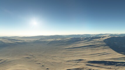 Exoplanet fantastic landscape. Beautiful views of the mountains and sky with unexplored planets. 3D illustration.