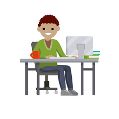 Fototapeta na wymiar Man sitting at table with computer and monitor. Cup of coffee and books. Programmer at work at home. Hobbies and entertainment on Internet. Cartoon flat illustration. Freelance typing message