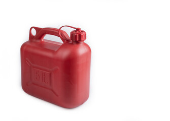 Plastic red 5 liter gas canister on a white