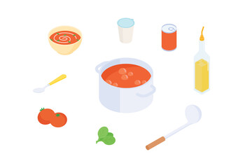 Tomato soup set. Isometric vector illustration in flat design.
