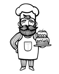 Bakery. Hand drawn vector illustration of chef-cooker with a mustache and cake. chef cake logo. Confectionery logo