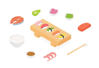 Sushi set. Isometric vector illustration in flat design.
