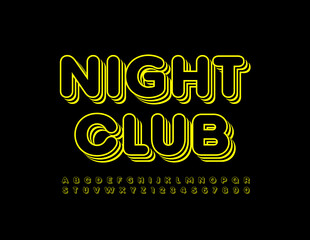 Vector trendy logo Night Club. Isometric stylish Font. Layered Alphabet Letters and Numbers set