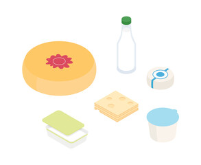 Dairy, cheeses, milk products, groceries set. Isometric vector illustration in flat design.