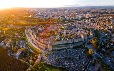 Fototapeta premium Aerial view of Carcassonne, a French fortified city in France
