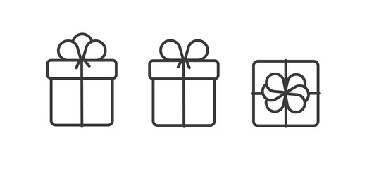 Set of linear gift boxes icons, side and top views with different bows, simle graphic element