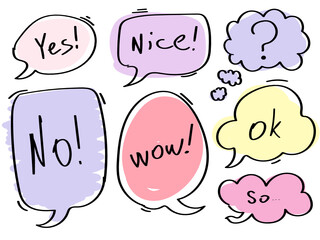 Multicolored set of vector hand drawn speech bubbles with words.