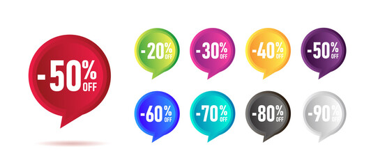 Set of bright multicolored sale tags, promotion 3d graphic element with percent discount