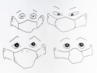 Mask faces drawing doodle art with expressions