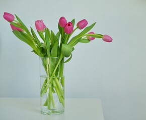 Bouquet pink tulips in glass vase stands on table on gray background. Easter day, March 8, women's day, birthday, gift, flowers for woman. Easter and spring greeting card Floristry Florist