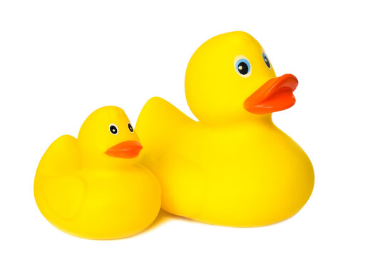 Two toy ducks, Children's swimming toys. Yellow rubber duck with duckling isolated on white.