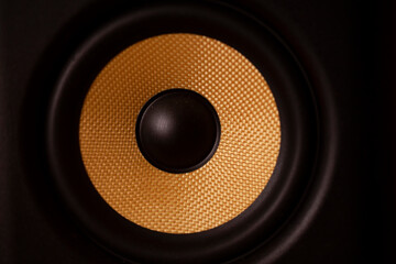 A black and gold coloured speaker cone.Shot with soft golden glow lighting.