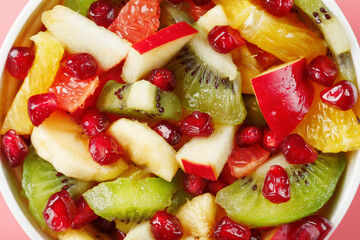 Salad of different juicy ripe fruits in a white cup on a pink background.