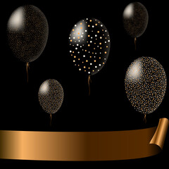 Balloons on a black background with a golden ribbon for congratulations on the holiday or for a special offer