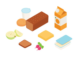 Breakfast set with bowl of cereals. Isometric vector illustration in flat design.
