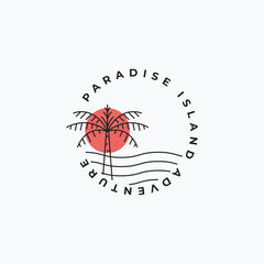 Minimalist line art of palm tree, sunset and ocean vector illustration logo design. Beach surf t-shirt design