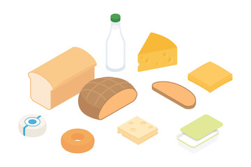 Dairy, cheeses, milk products, bread - groceries set. Isometric vector illustration in flat design.