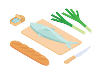 Fish meal prep set. Isometric vector illustration in flat design.